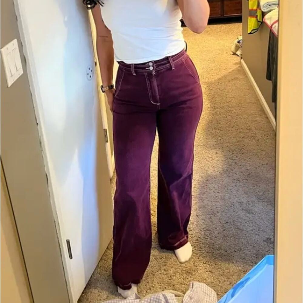 Joe's Jeans Burgundy Wide Leg SIZE 25 Denim High Waisted Long Fall Designer $248 - Picture 5 of 15
